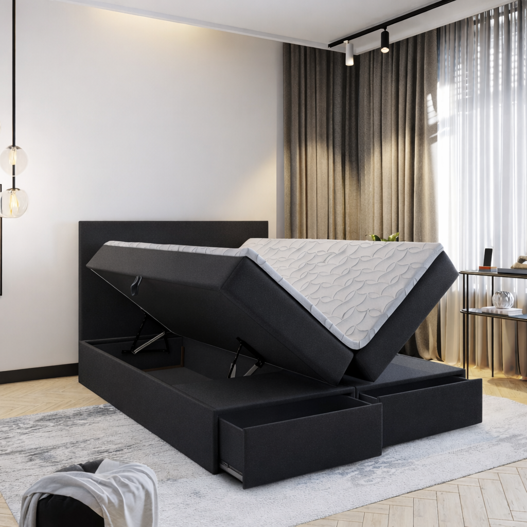 ACTIEDEAL Opberg Boxspring met Lade 140 x 200 Zwart - Incl. Pocketvering