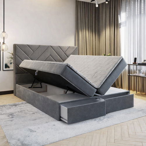 OP=OP Opberg Boxspring Chevron met Lade 140 x 200 Velvet Antraciet - Incl. Pocketvering
