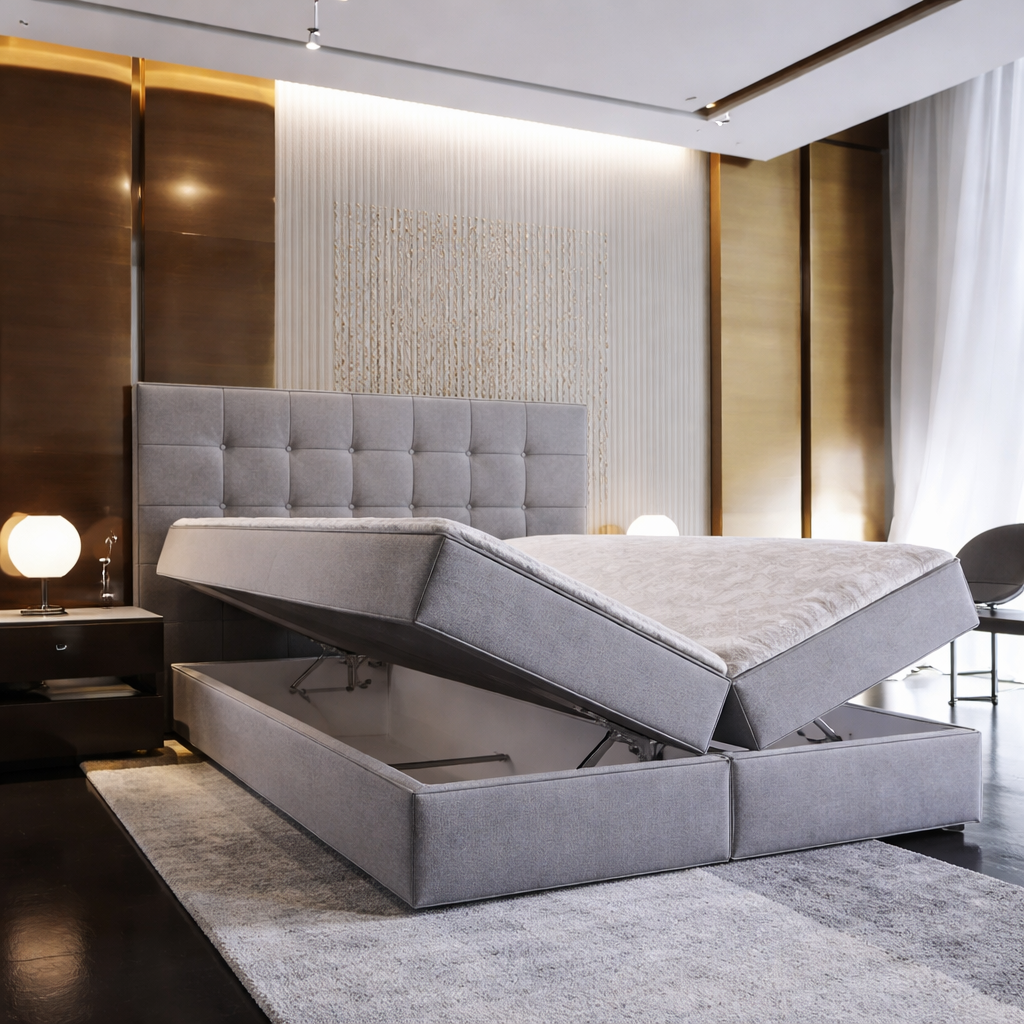 OP=OP Opberg Boxspring Dubai 200 x 220 Grijs | 40 cm extra hoge opslagruimte + Pocketvering