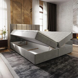 ACTIEDEAL Opberg Boxspring Monza 180 x 200 Suede Taupe | Voetbord Monza + 40 cm extra hoge opbergruimte
