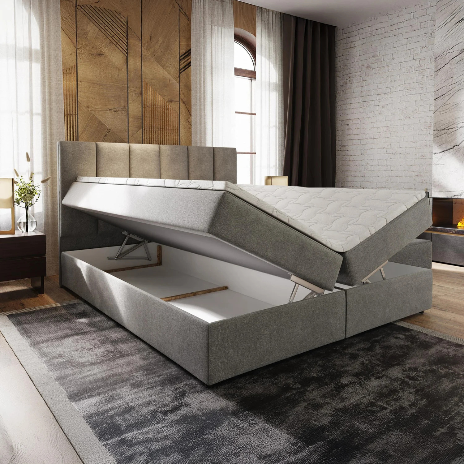 ACTIEDEAL Opberg Boxspring Monza 180 x 200 Suede Taupe | Voetbord Monza + 40 cm extra hoge opbergruimte