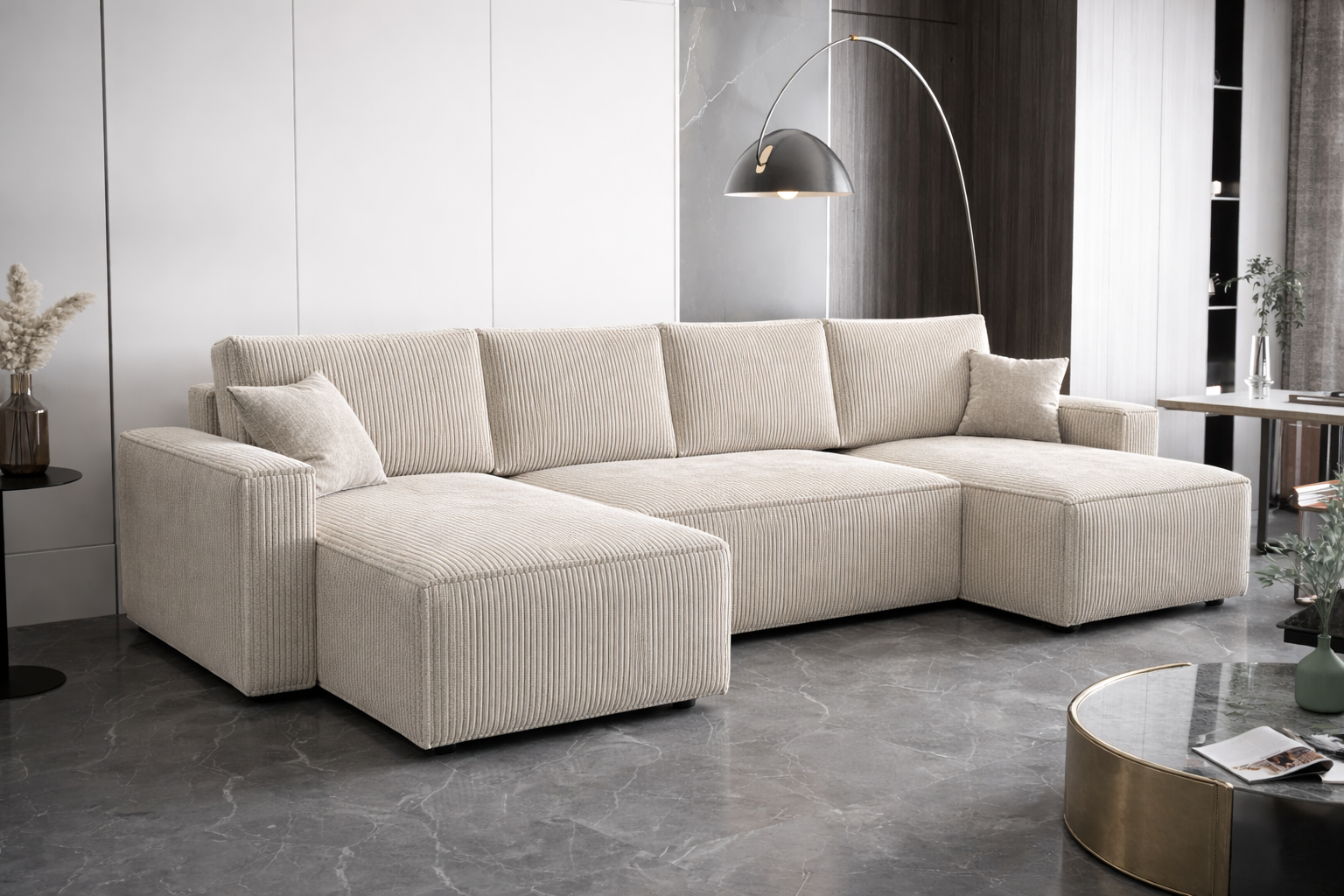 OP=OP Slaapbank met opbergruimte Pom | U-bank | Ribstof Beige