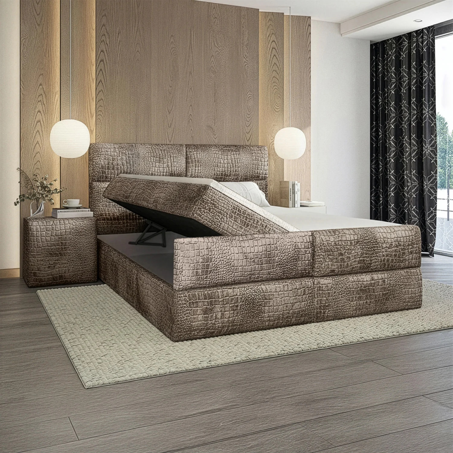 OP=OP Opberg Boxspring Velvet Croco - 180 x 200 Velvet Beige | Incl. Voetbord met TV-Lift + Stevig Pocketvering 500 veren m2