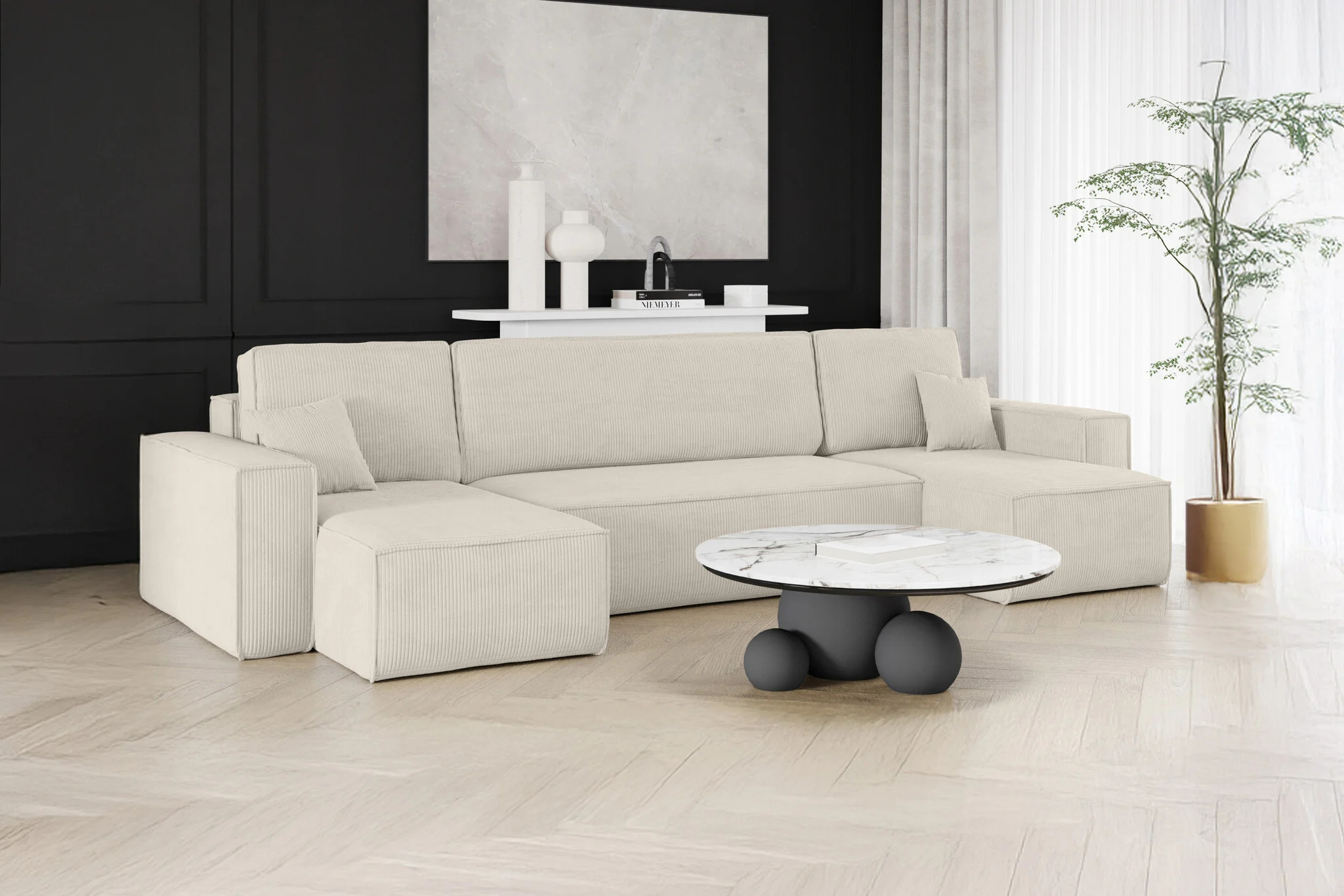 2dekans U-bank Karlo - Ribstof Creme - Slaapbank met opbergruimte -  4 zits (Niet in originele verpakking)