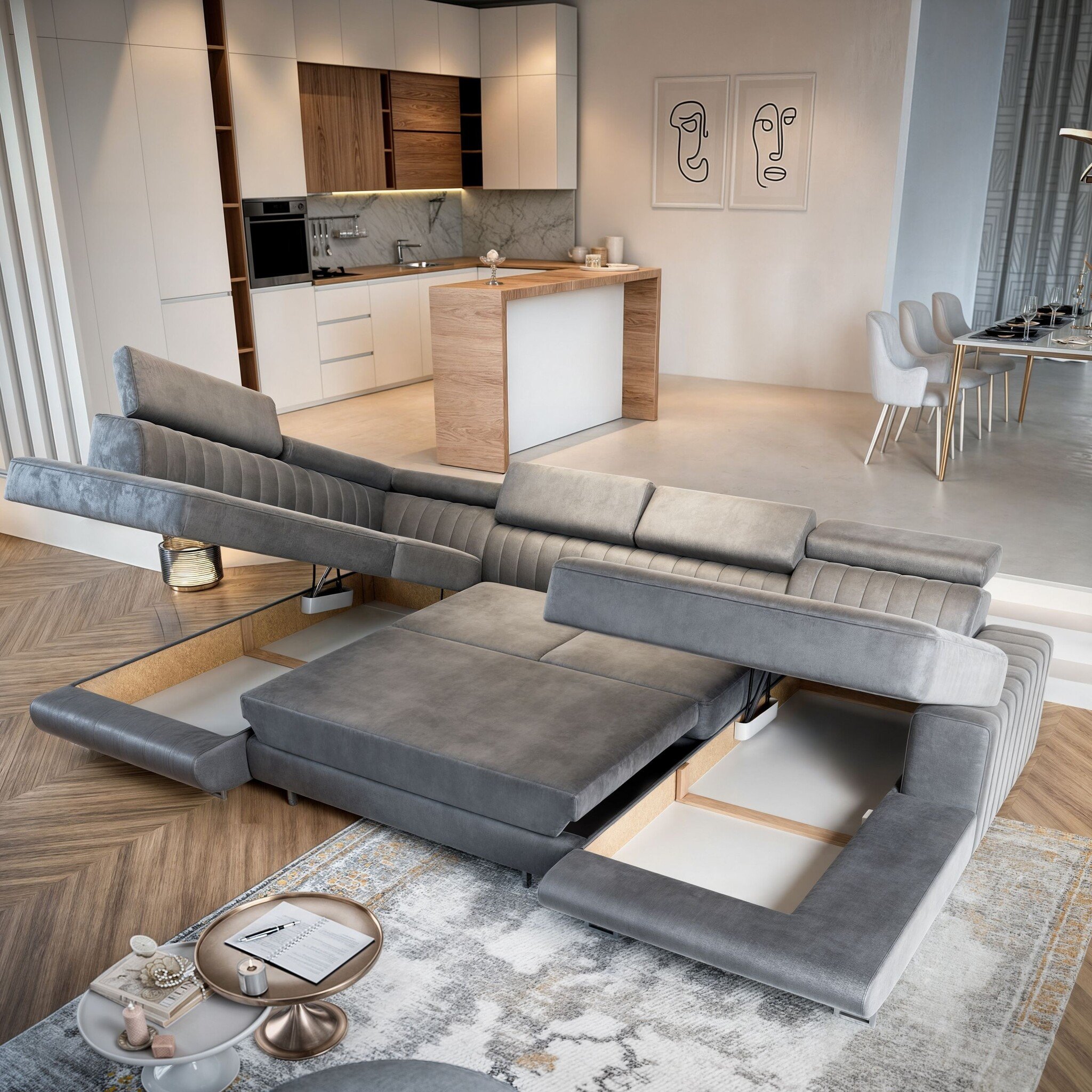 OP=OP Slaapbank met opbergruimte Nero | U-bank Rechts | Suede Mosgroen