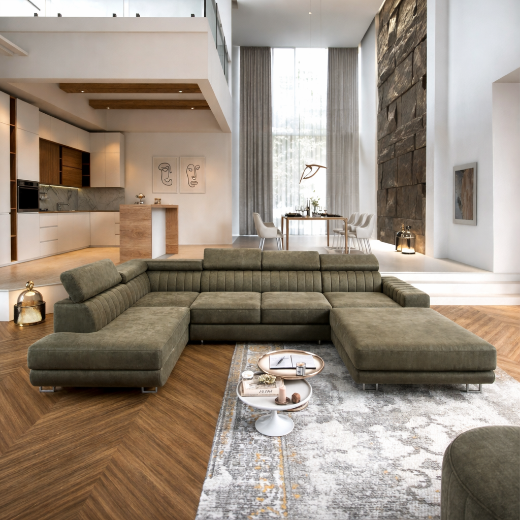 OP=OP Slaapbank met opbergruimte Nero | U-bank Rechts | Suede Mosgroen