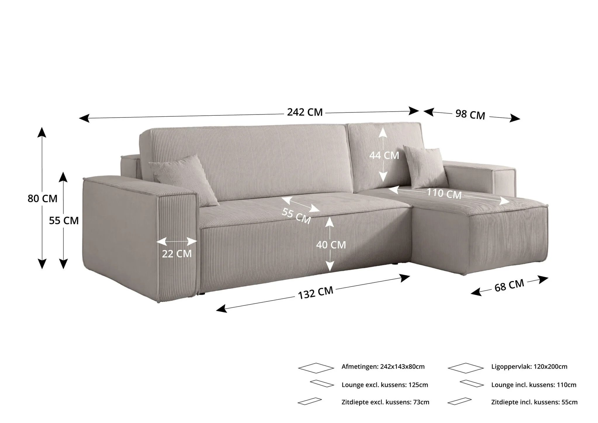 2dekans Slaapbank Karlo - Velvet Grijs - L-Hoekbank 3-zits met opbergruimte - Universeel | Niet in originele verpakking - Kans op schade)