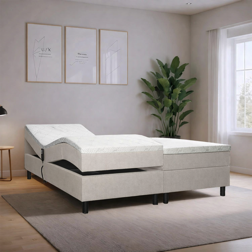 OP=OP Elektrische boxspring 160 x 200 Naturel Beige | Incl. 2x Medium Pocketvering 1000 veren m2 - Zonder hoofdbord