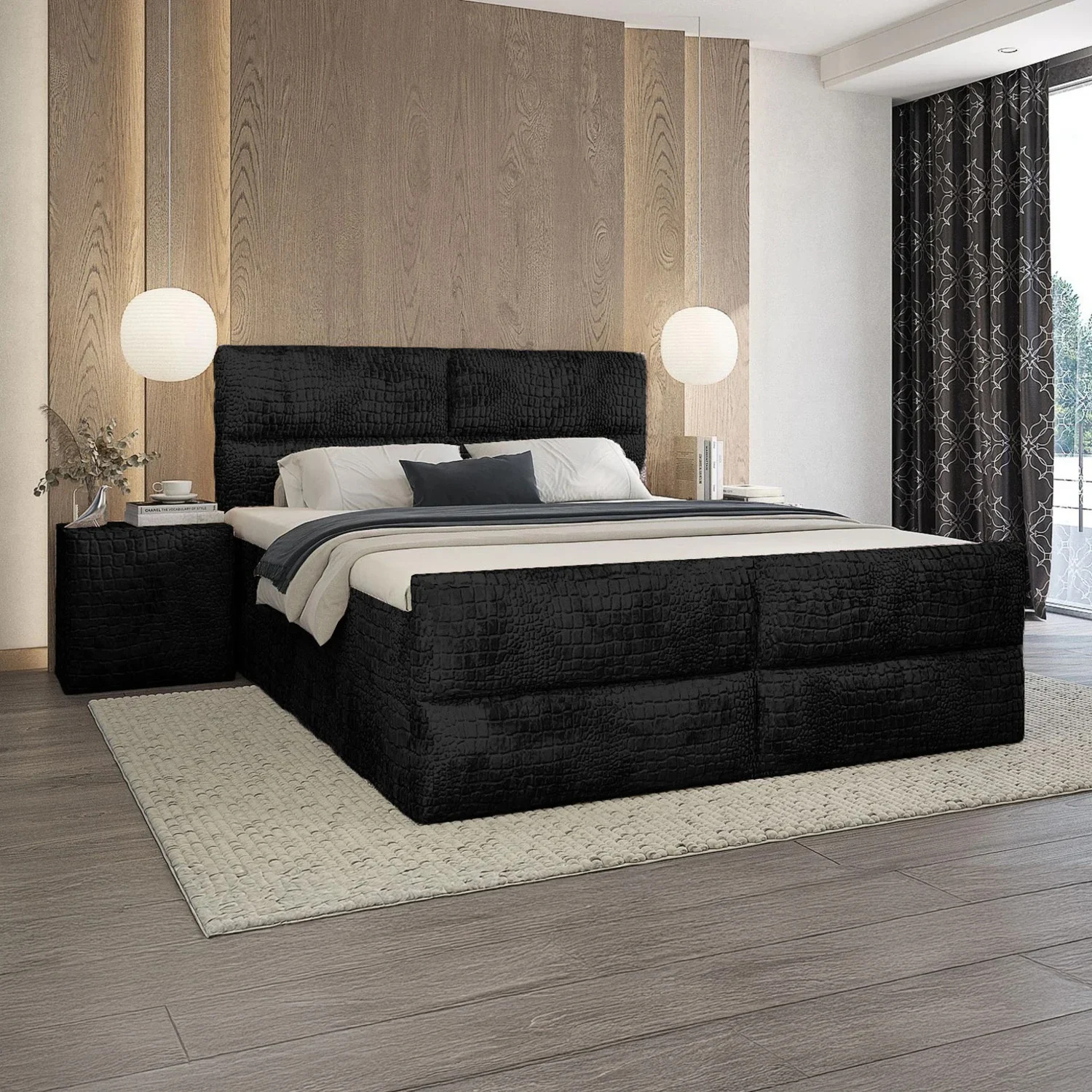 ACTIEDEAL Vaste Boxspring Croco - 160 x 200 Velvet Zwart| Incl. Voetbord + Pocketvering