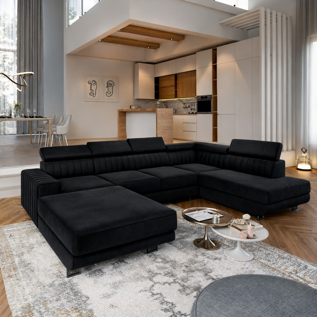 2dekans Slaapbank met opbergruimte Nero | U-bank | Velvet Zwart - (Lichte stofschade achterzijde + niet in originele verpakking)