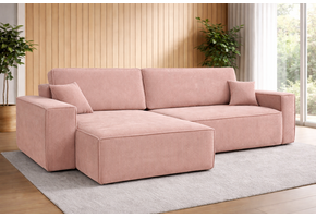 OP=OP Slaapbank Karlo XL | Ribstof Roze - L-Hoekbank 3-zits met opbergruimte - Universeel