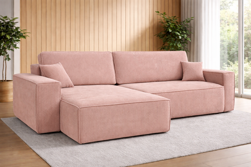 OP=OP Slaapbank Karlo XL | Ribstof Roze - L-Hoekbank 3-zits met opbergruimte - Universeel