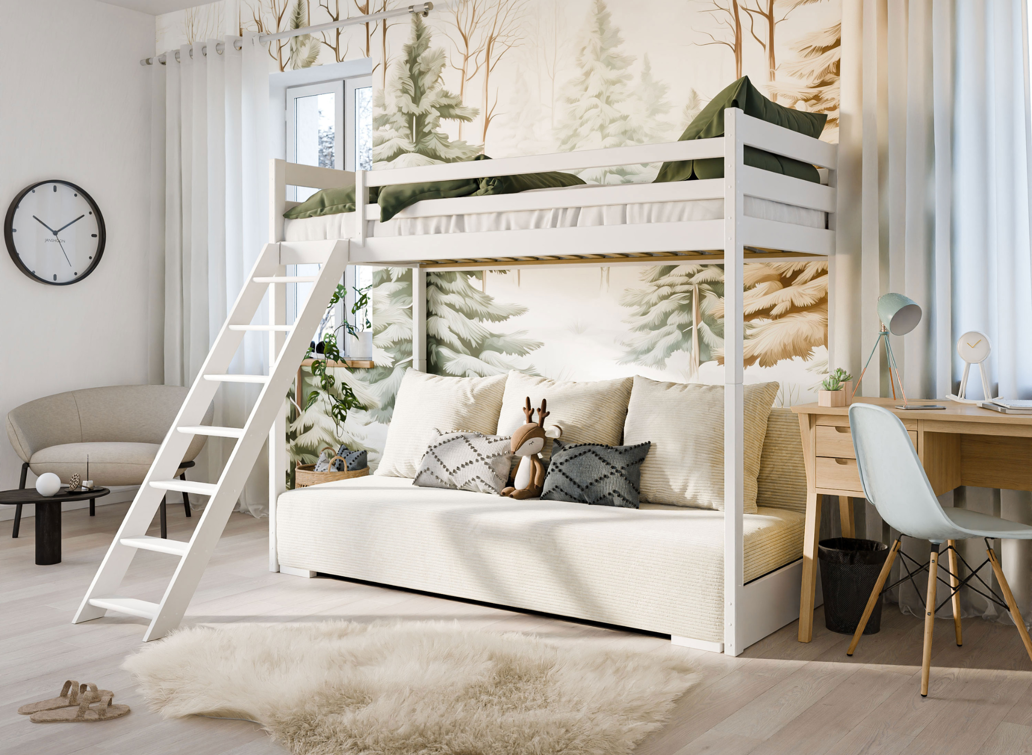 Hoogslaper met Slaapbank Sophie - Wit  / Ribstof Creme - Direct Leverbaar!