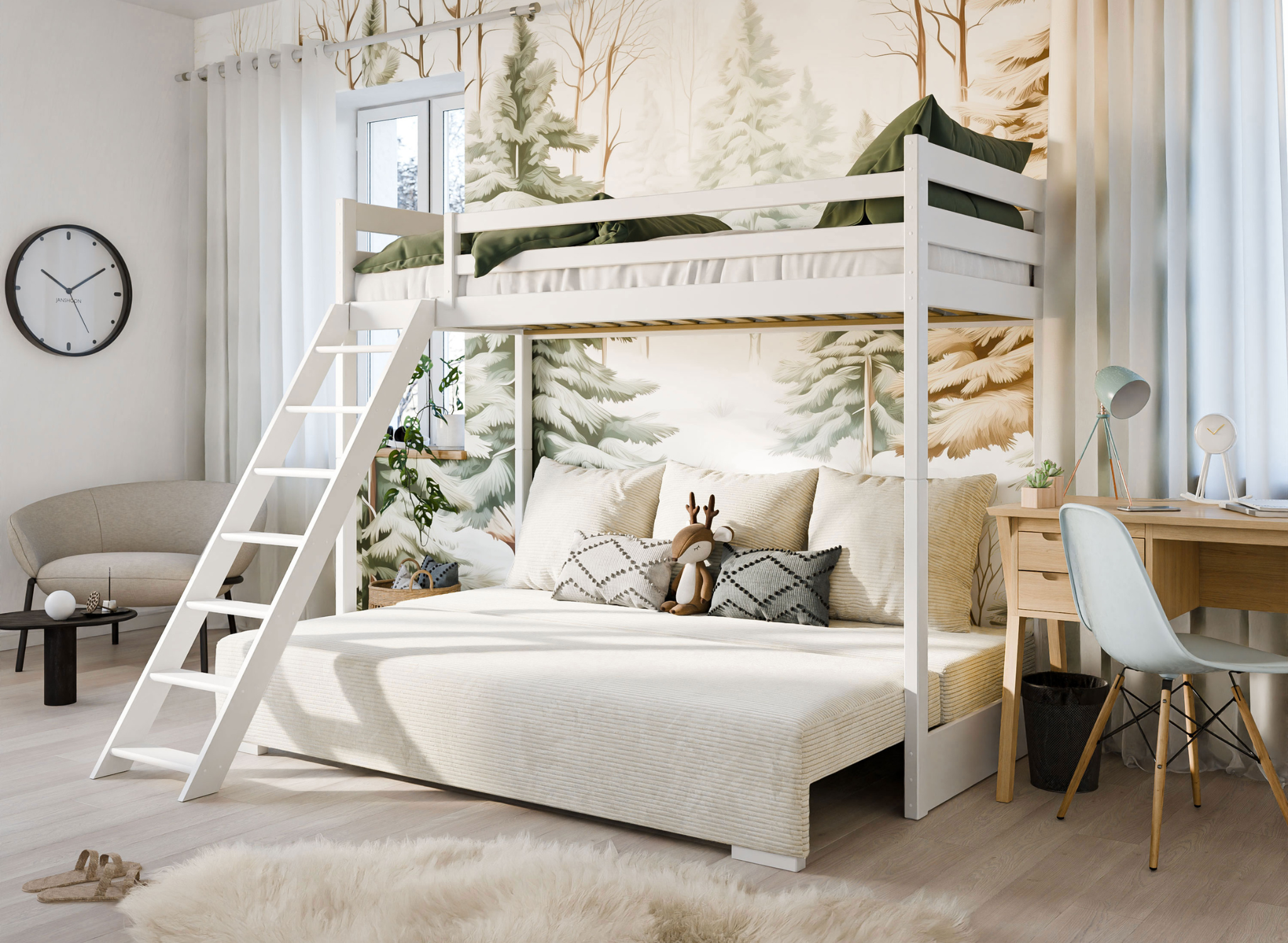 Hoogslaper met Slaapbank Sophie - Wit  / Ribstof Creme - Direct Leverbaar!