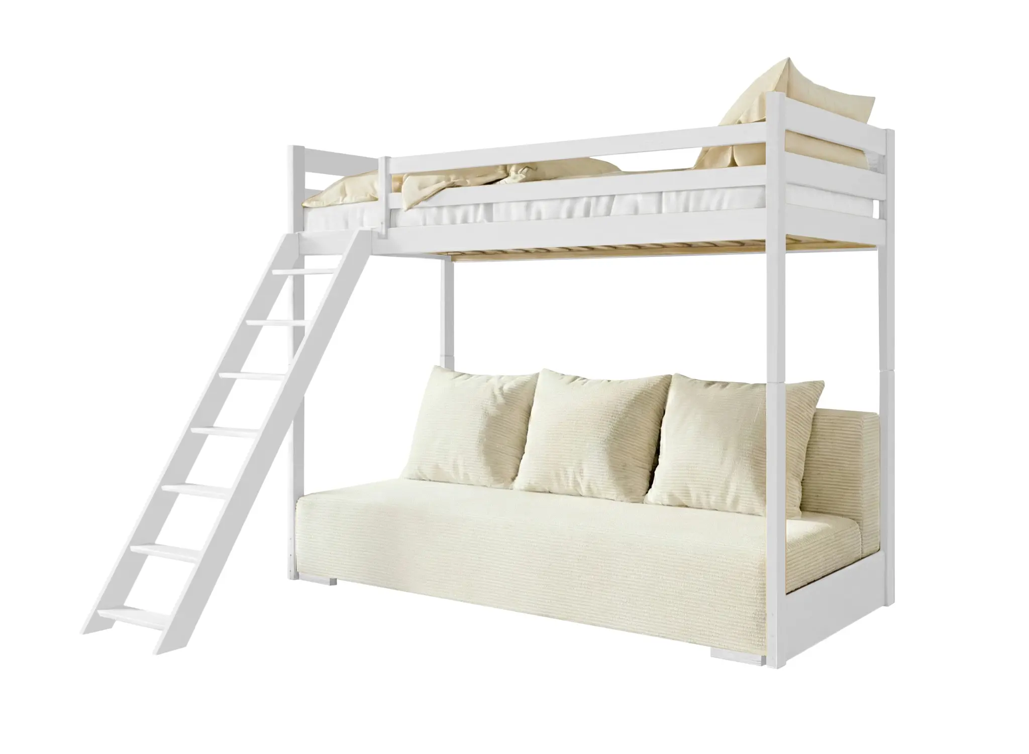 Hoogslaper met Slaapbank Sophie - Wit  / Ribstof Creme - Direct Leverbaar!