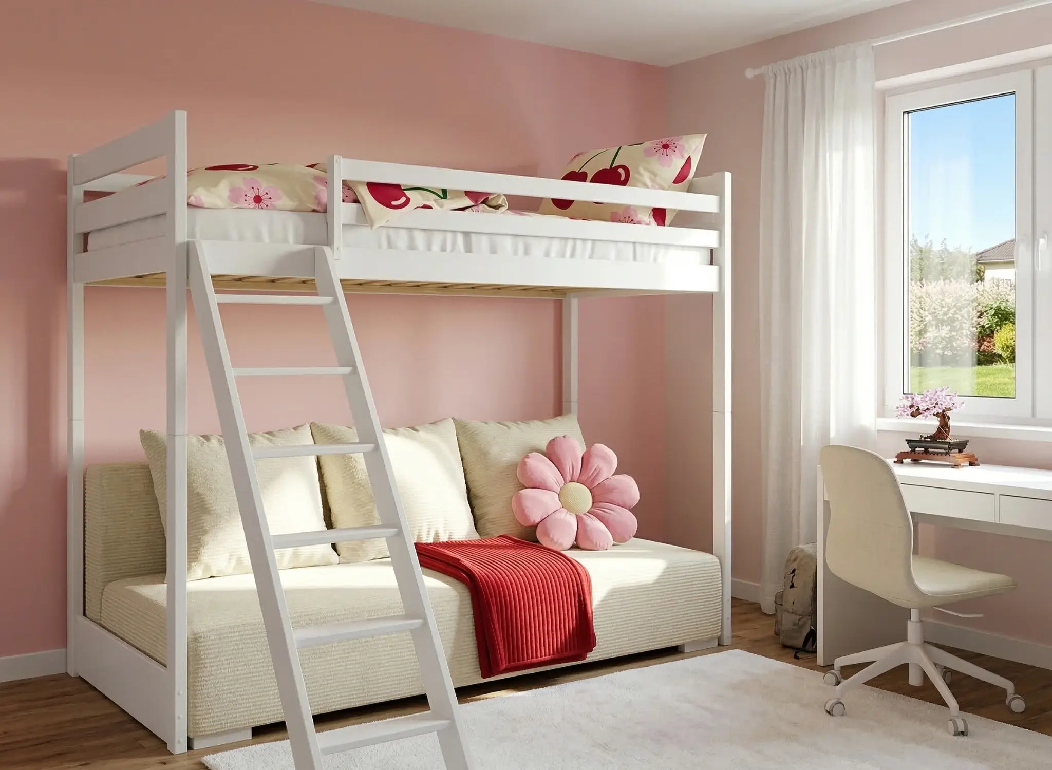 Hoogslaper met Slaapbank Sophie - Wit  / Ribstof Creme - Direct Leverbaar!