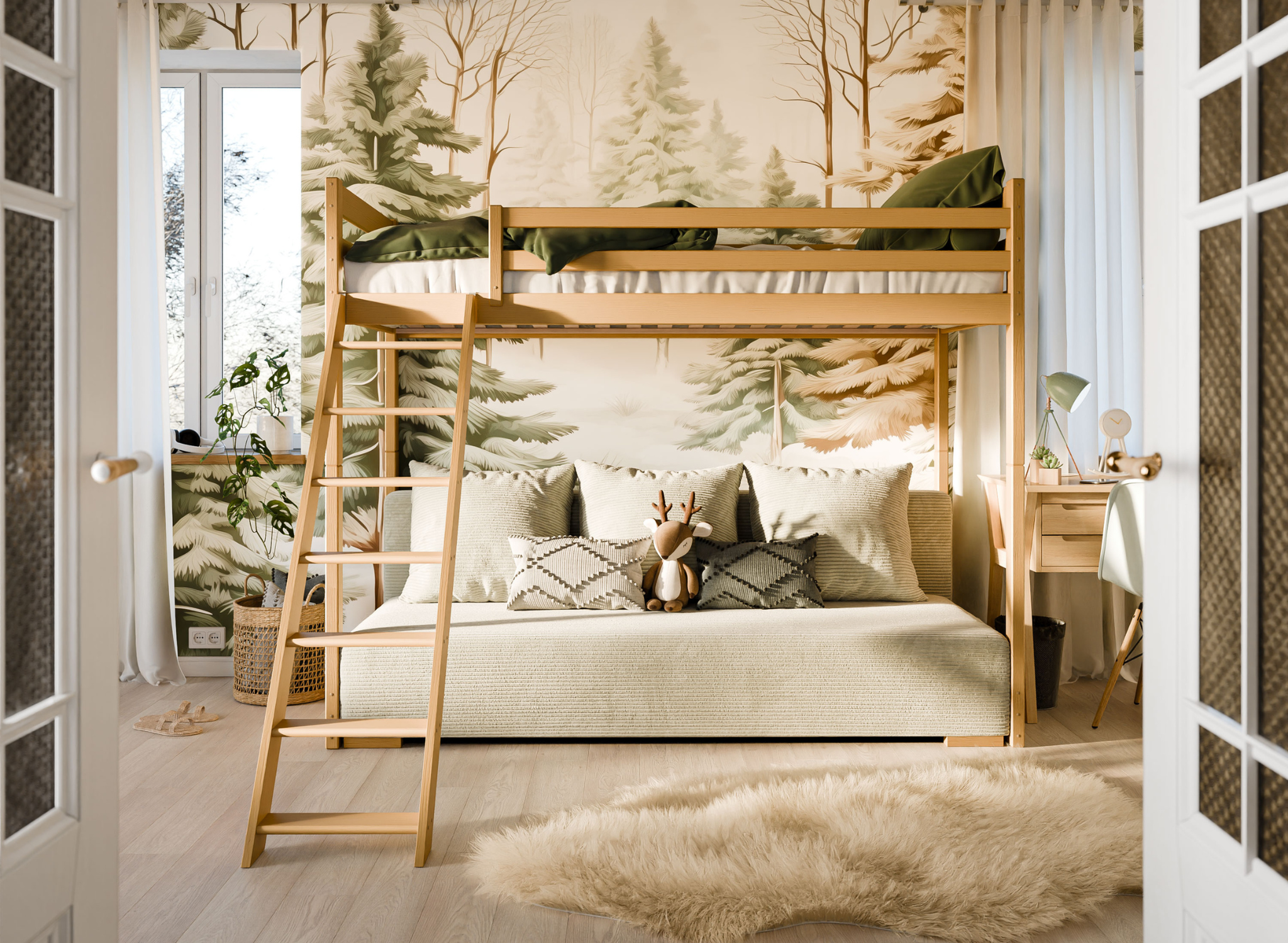 Hoogslaper met Slaapbank Sophie - Naturel / Ribstof Creme - Direct Leverbaar!