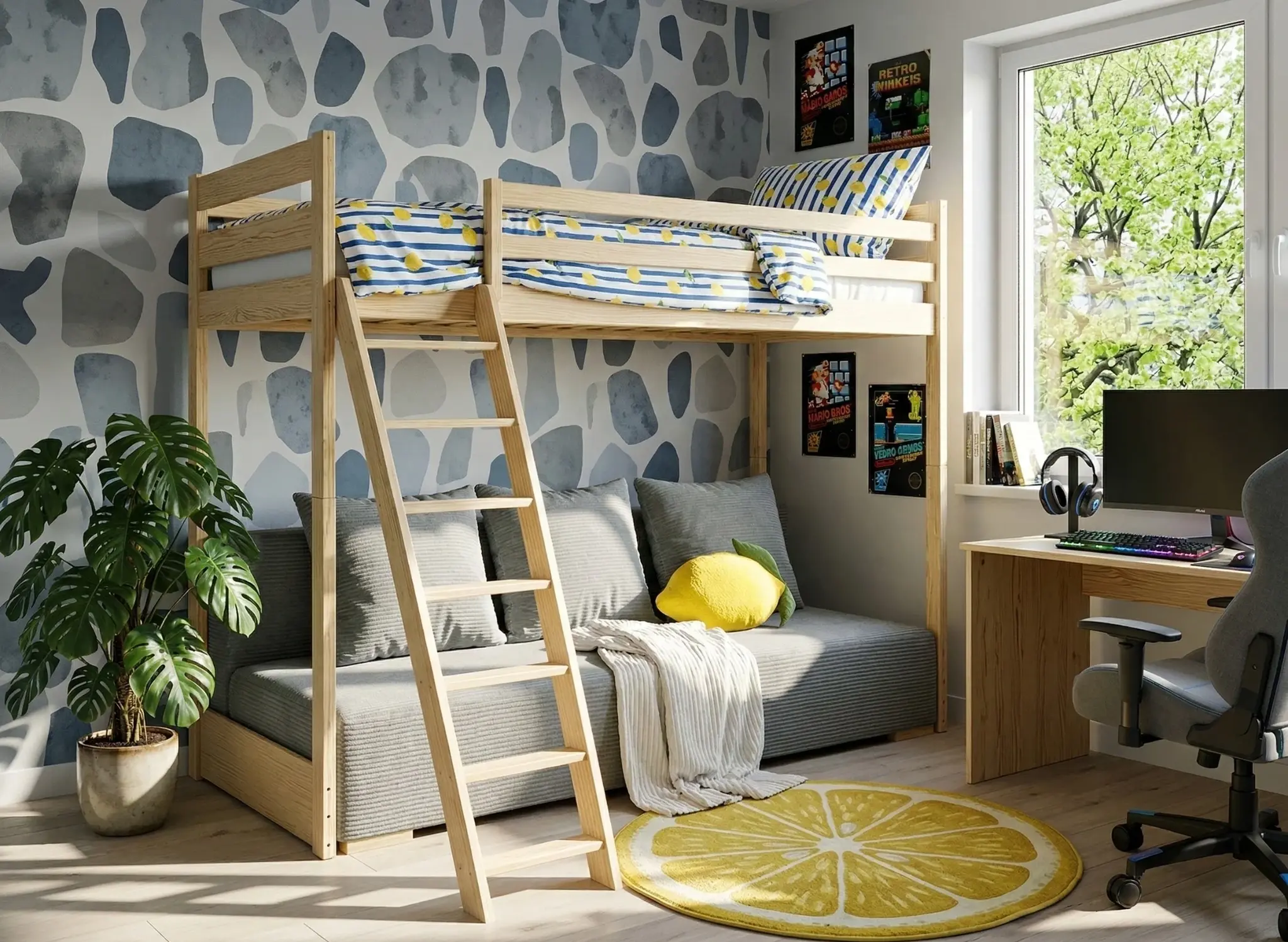 Hoogslaper met Slaapbank Sophie - Naturel / Ribstof Grijs - Direct Leverbaar!