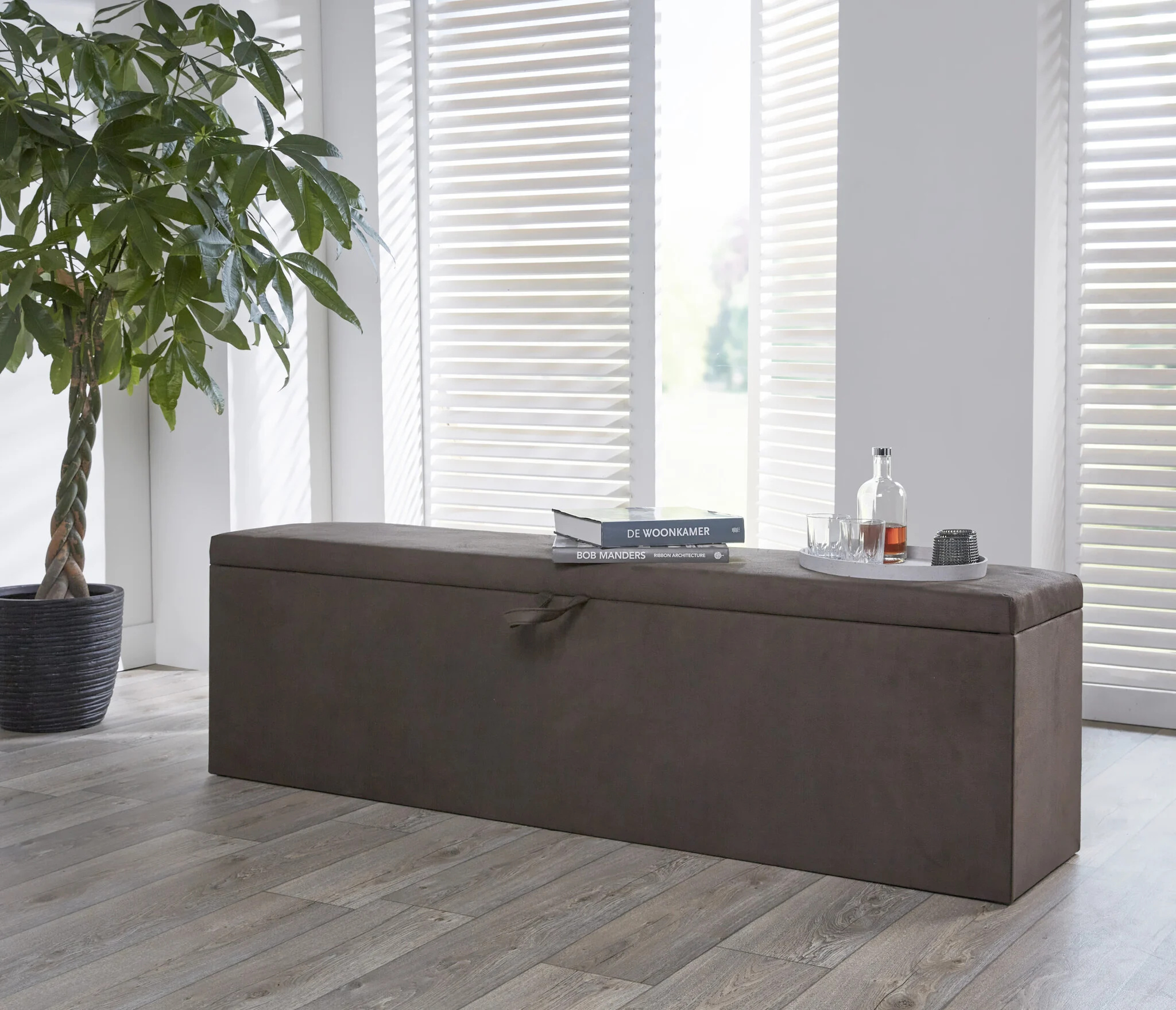 OP=OP Opberg Boxspring Chevron met Lade 200 x 210 Teddy Beige - Incl. Pocketvering + 2x Hocker + Dekenkist met klep