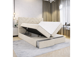 ACTIEDEAL Opberg Boxspring Chevron met Lade 200 x 210 Teddy Beige - Incl. Pocketvering + 2x Hocker + Dekenkist met klep