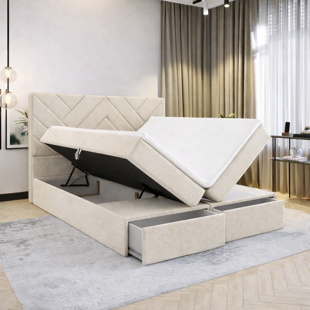 OP=OP Opberg Boxspring Chevron met Lade 200 x 210 Teddy Beige - Incl. Pocketvering + 2x Hocker + Dekenkist met klep
