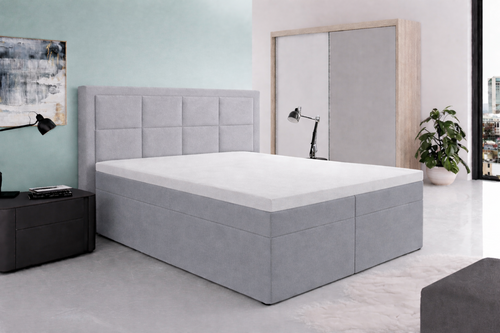 OP=OP Opberg Boxspring Onyx 180 x 200 Lichtgrijs - Antislip | Met 40 cm hoge opslagruimte | Incl. Voetbord + Pocketvering Matras + 1x Hocker met 2 lades