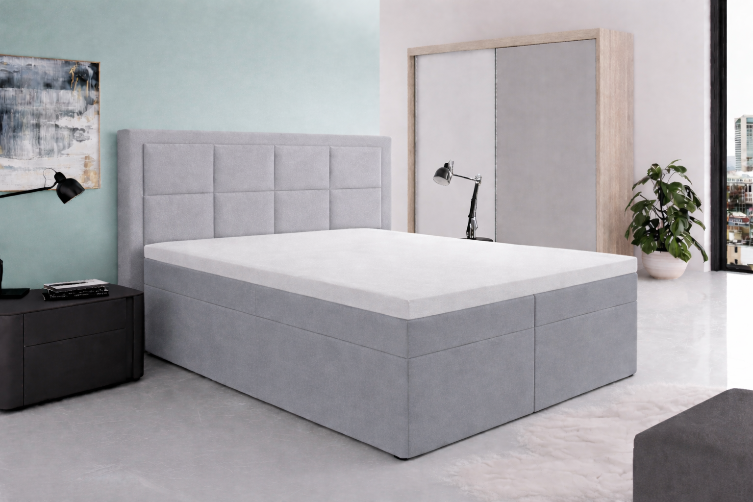 OP=OP Opberg Boxspring Onyx 180 x 200 Lichtgrijs - Antislip | Met 40 cm hoge opslagruimte | Incl. Voetbord + Pocketvering Matras + 1x Hocker met 2 lades