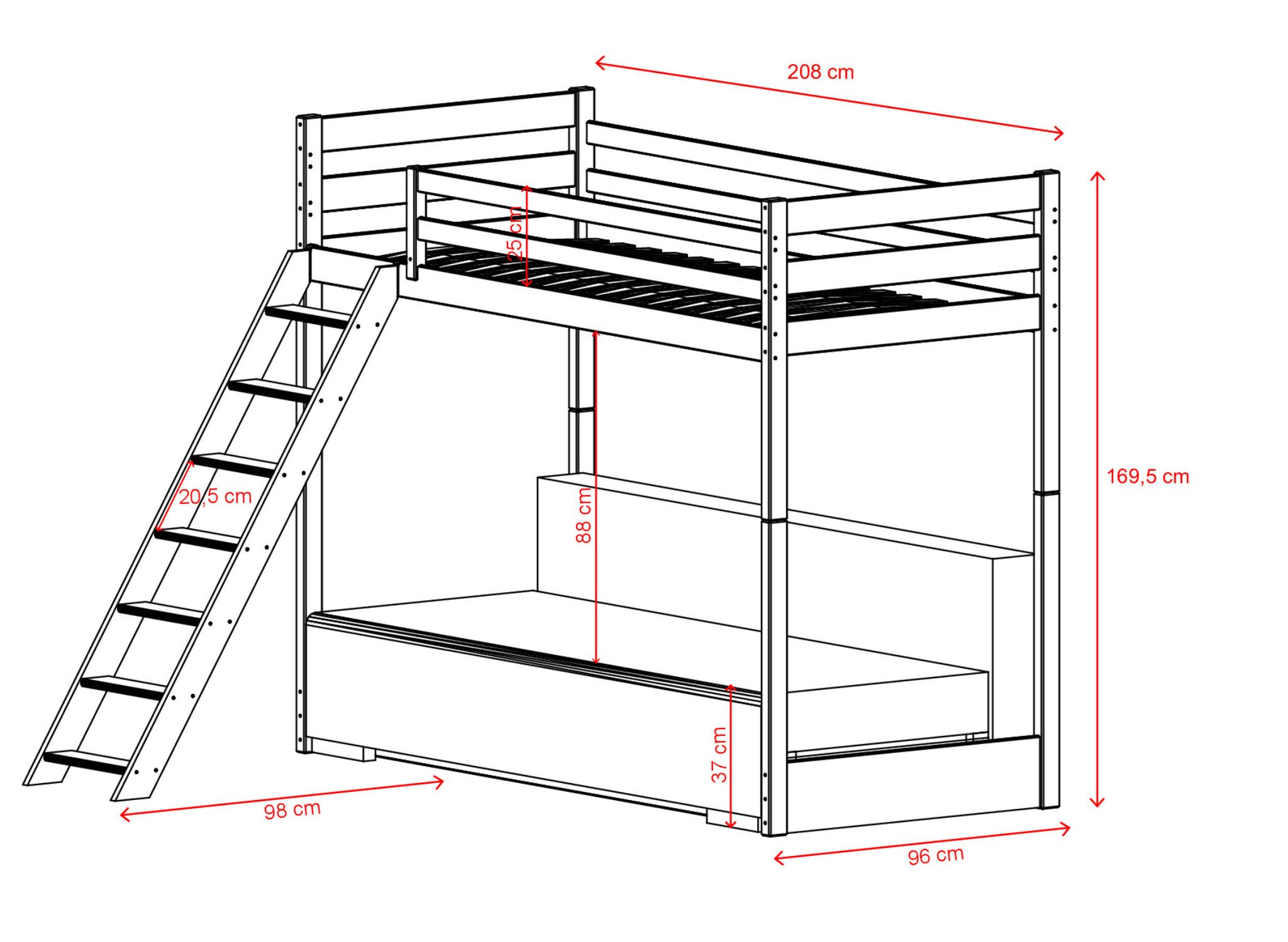 Hoogslaper met Slaapbank Sophie - Ribstof Grijs - 90 x 200/ 140  x 200 - Leverbaar in 10 kleuren!