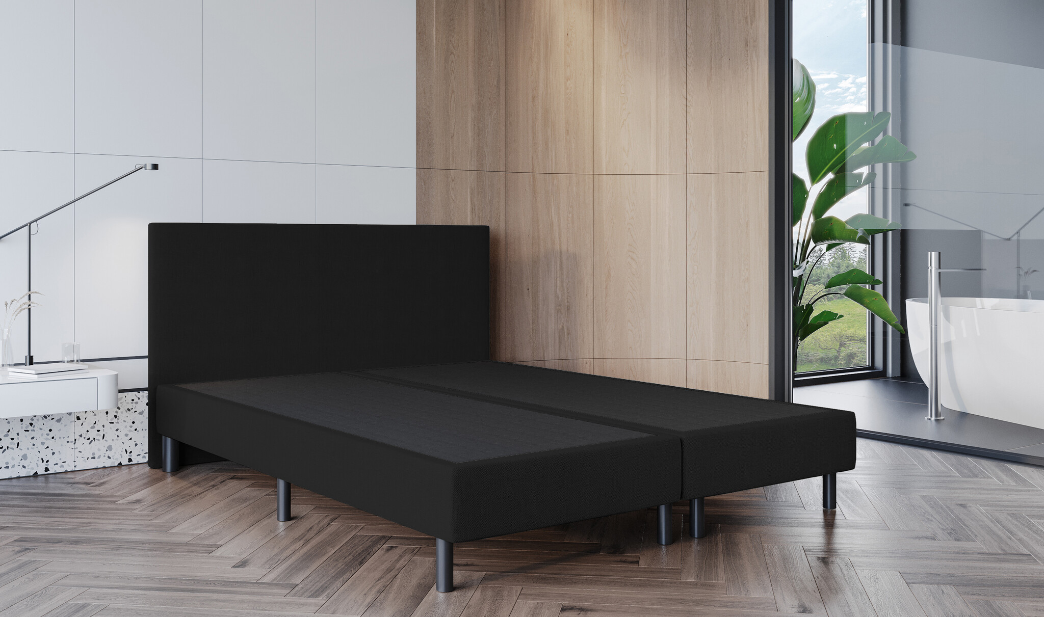 OP=OP Vaste Boxspring Zonder Matras Bonnie | 180 x 200 Zwart | 30 cm hoge boxen Incl. 1x Hocker met Lade