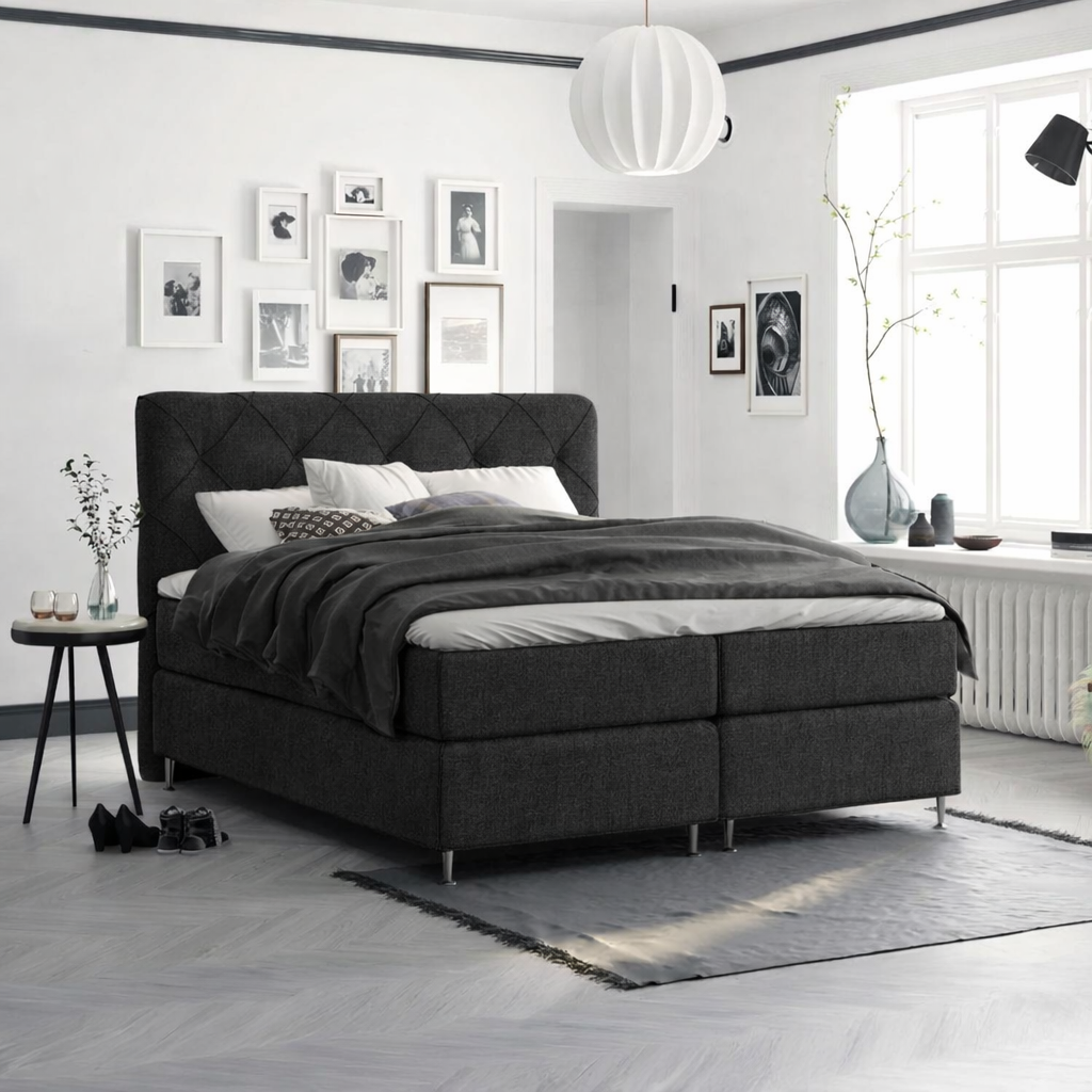 ACTIEDEAL Vaste Boxspring 160 x 200 - stof Antraciet | GRATIS TOPPER + 1x Groot Stevig Matras + Hoofbord Phoenix