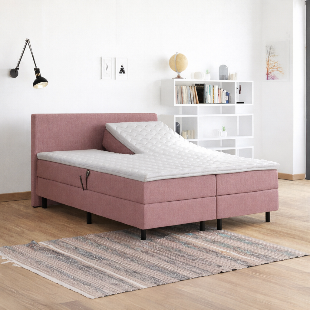 ACTIEDEAL Elektrische Boxspring Basic 140 x 200 - stof Roze | GRATIS TOPPER - Hoofdbord Gl