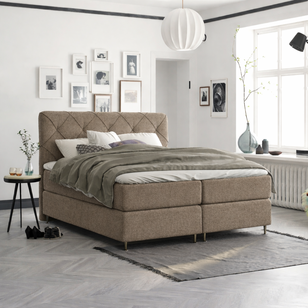 OP=OP Vaste Boxspring Phoenix (ruit)| 160 x 200 Donker Beige | Incl. Pocketvering