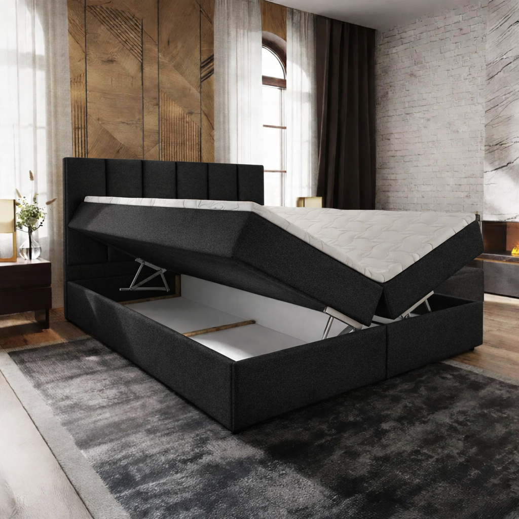 OP=OP Opberg Boxspring Monza 160 x 200 stof Zwart | 40 cm Extra hoge opslagruimte
