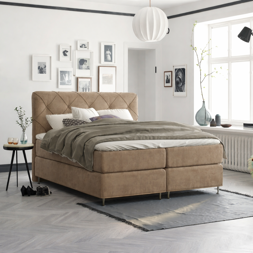OP=OP Vaste Boxspring | 160 x 200 - Suede Zand | Hoofdbord Phoenix (ruit) + Hard box 30 cm
