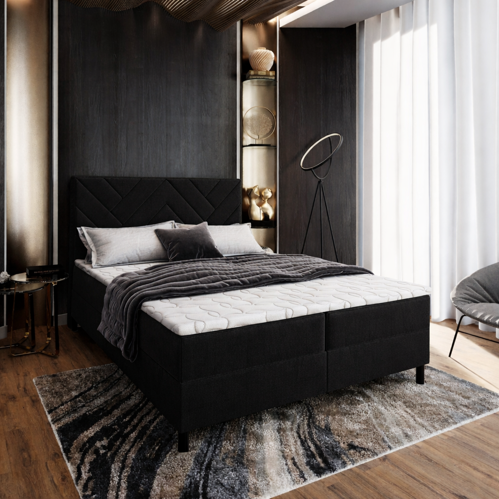 OP=OP Opberg Boxspring Chevron | 200 x 210 Zwart | 40 cm hoge boxen