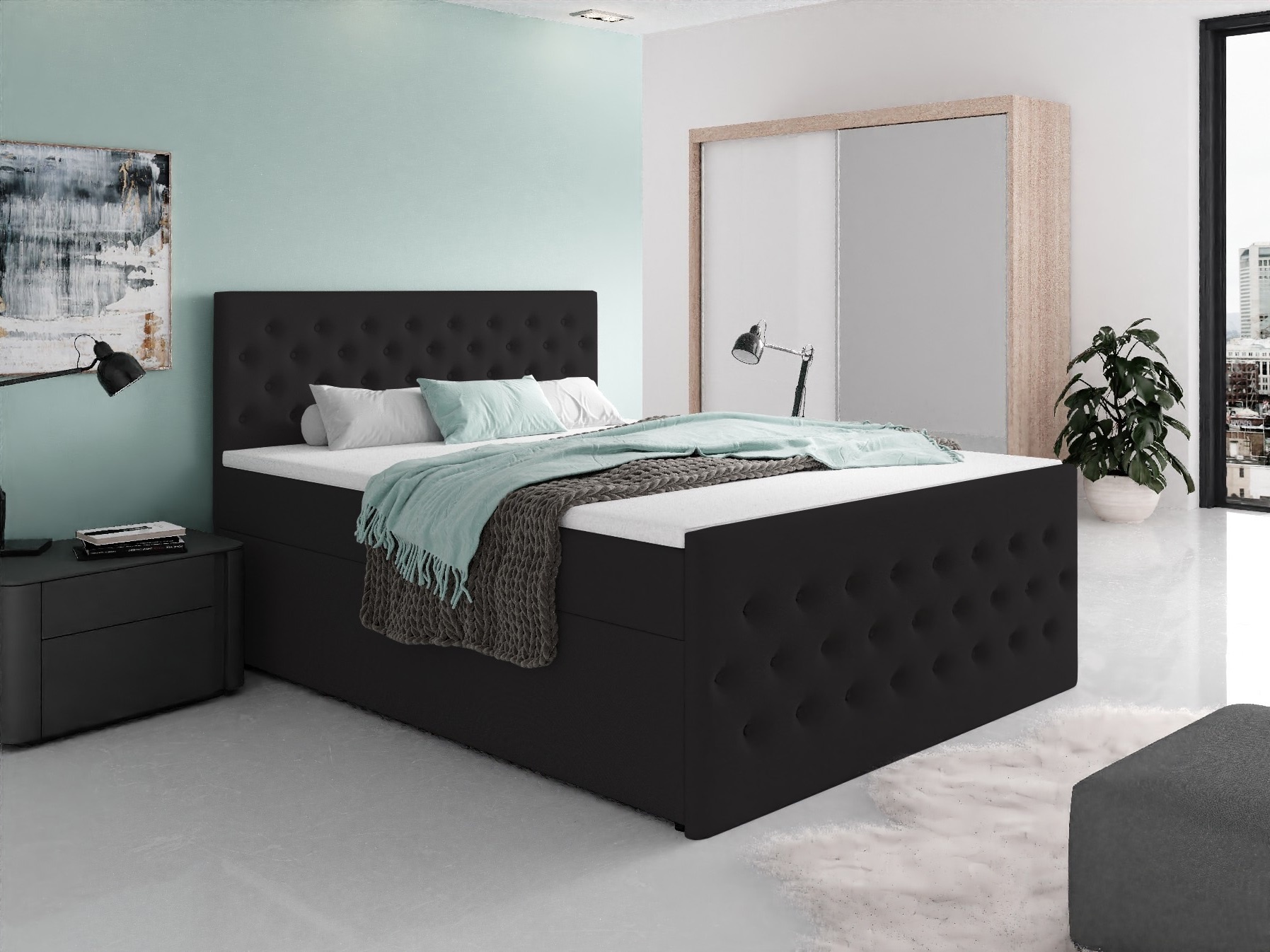 ACTIEDEAL Opberg boxspring Andy - 200 x 200 - Stof Zwart | GRATIS TOPPER - Incl. Pocketvering + 40 cm extra hoge opbergruimte