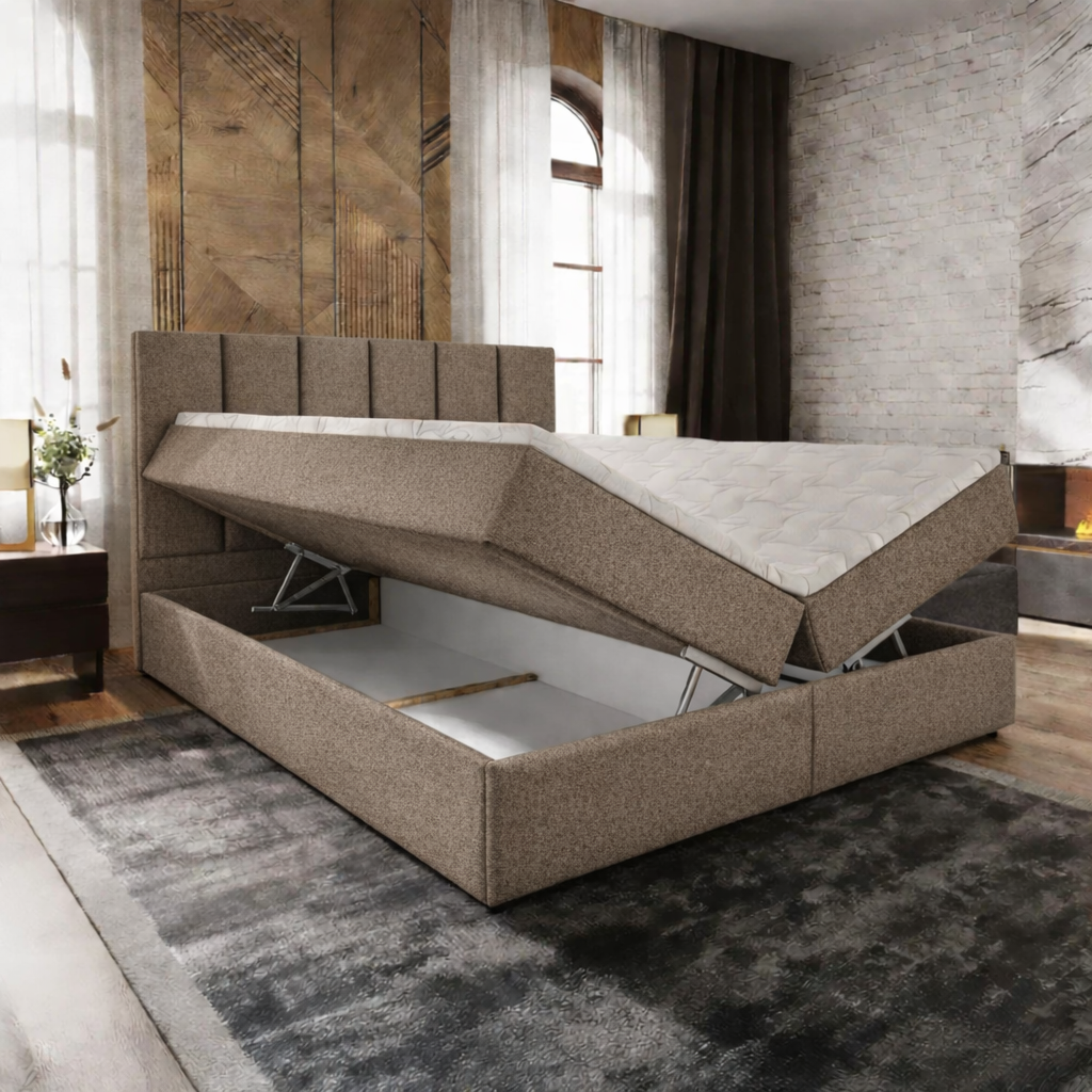 OP=OP Opberg Boxspring Monza | 180 x 200 Donker Beige | 40 cm hoge opslagruimte