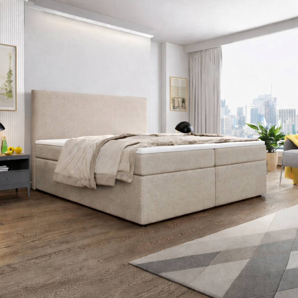 OP=OP Opberg boxspring | 120 x 200 - stof Beige | Hoofdbord Glad + 40 cm hoge opslagruimte