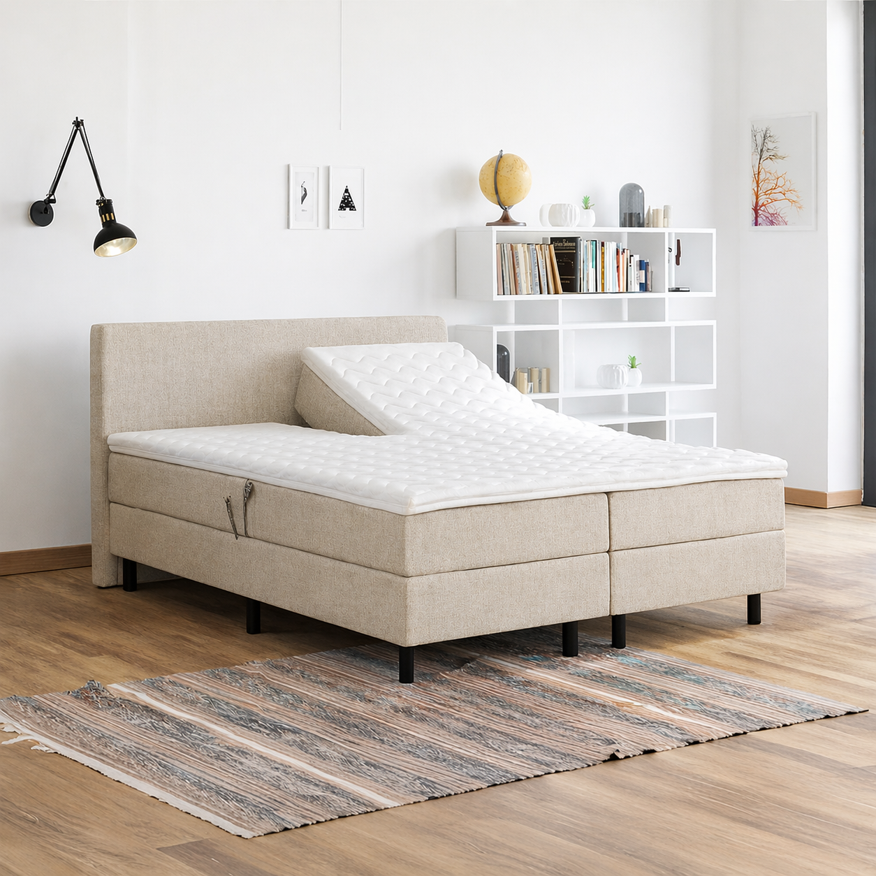 OP=OP Elektrische Boxspring | 140 x 200 - stof Beige | Hoofdbord Glad