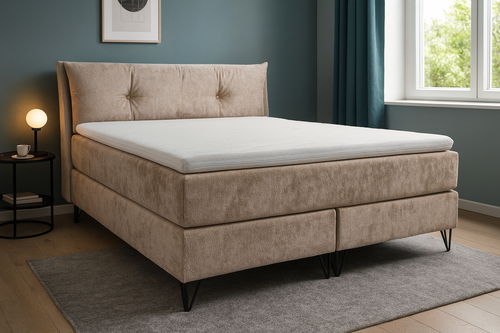 OP=OP Boxspring Chanel | 160 x 200 - Luxe Chenille Lichtbeige | Hoofdbord met Royale Kussen