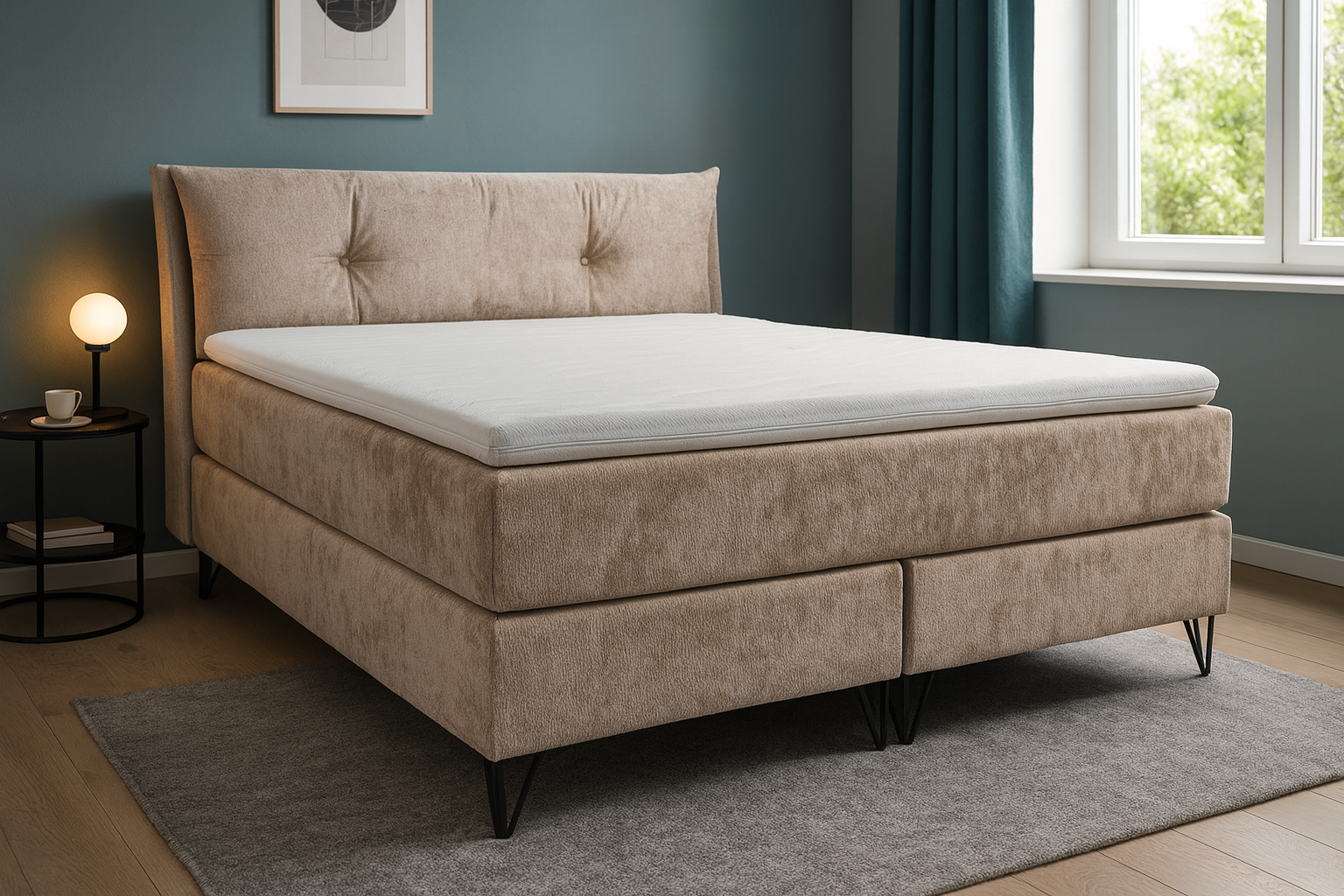 ACTIEDEAL Boxspring Chanel | 160 x 200 - Chenille Lichtbeige | Hoofdbord Royale Kussen in nieuwstaat
