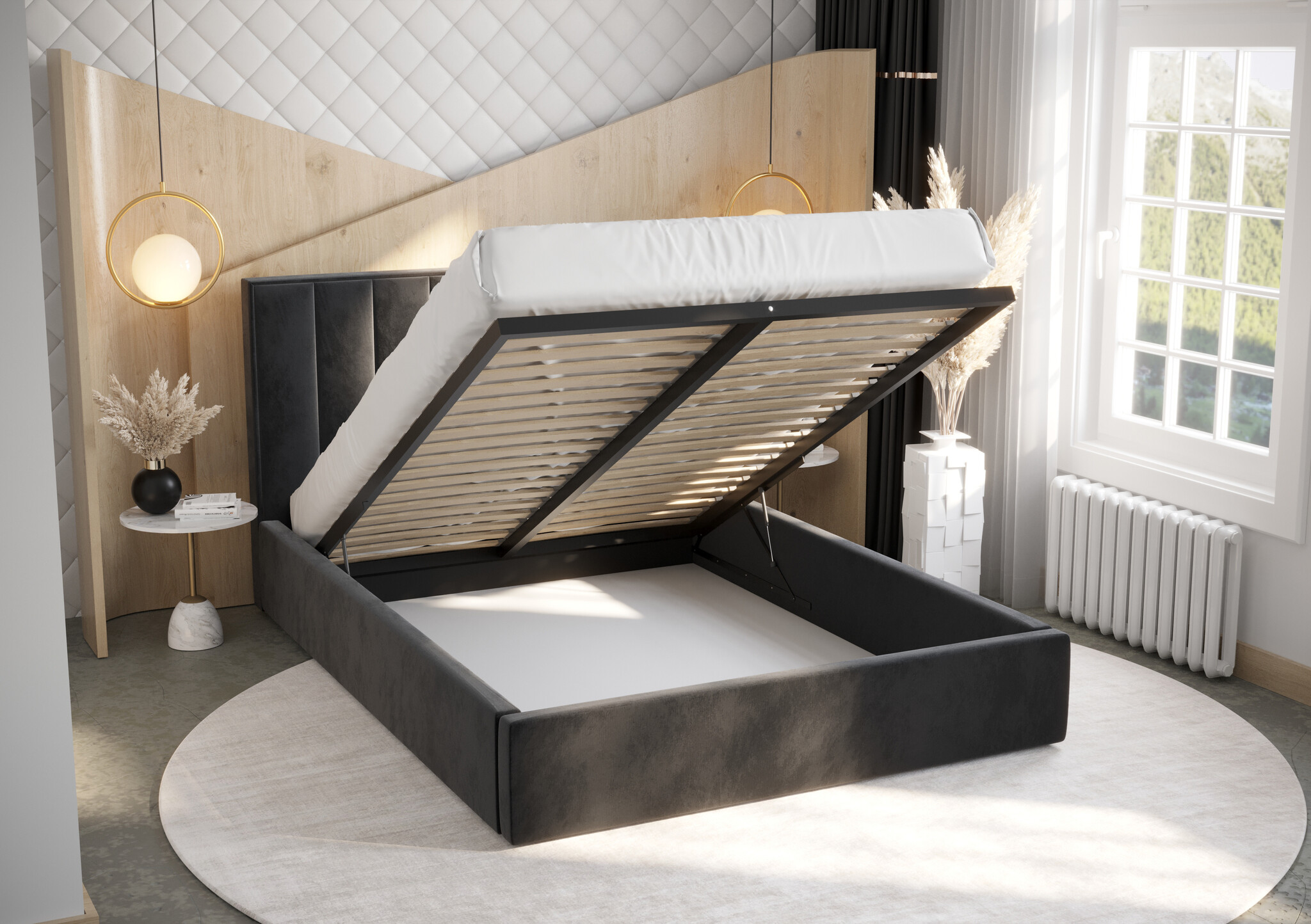ACTIEDEAL Opberg Bed Otis | 140 x 200 - Geweven stof Zwart | Incl. Opbergframe Hout