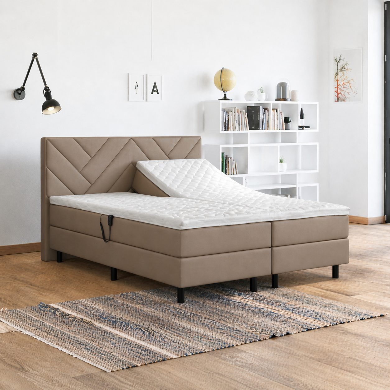OP=OP Elektrische Boxspring | 160 x 200 - skaileer Beige | Hoofdbord Chevron