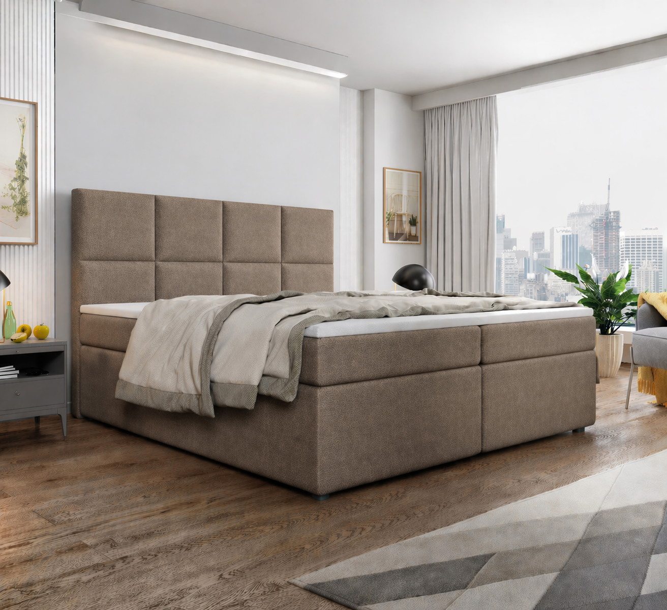 OP=OP Opberg Boxspring Levi | 160 x 200 stof Donkerbeige | 40 cm hoge opbergruimte + Pocketvering 1000m2 matrassen