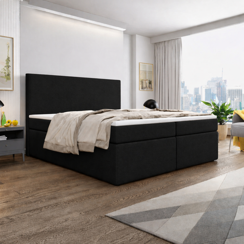 OP=OP Opberg boxspring | 160 x 200 - stof Zwart | Hoofdbord Glad + 40 cm hoge opslagruimte + Stevige matrassen