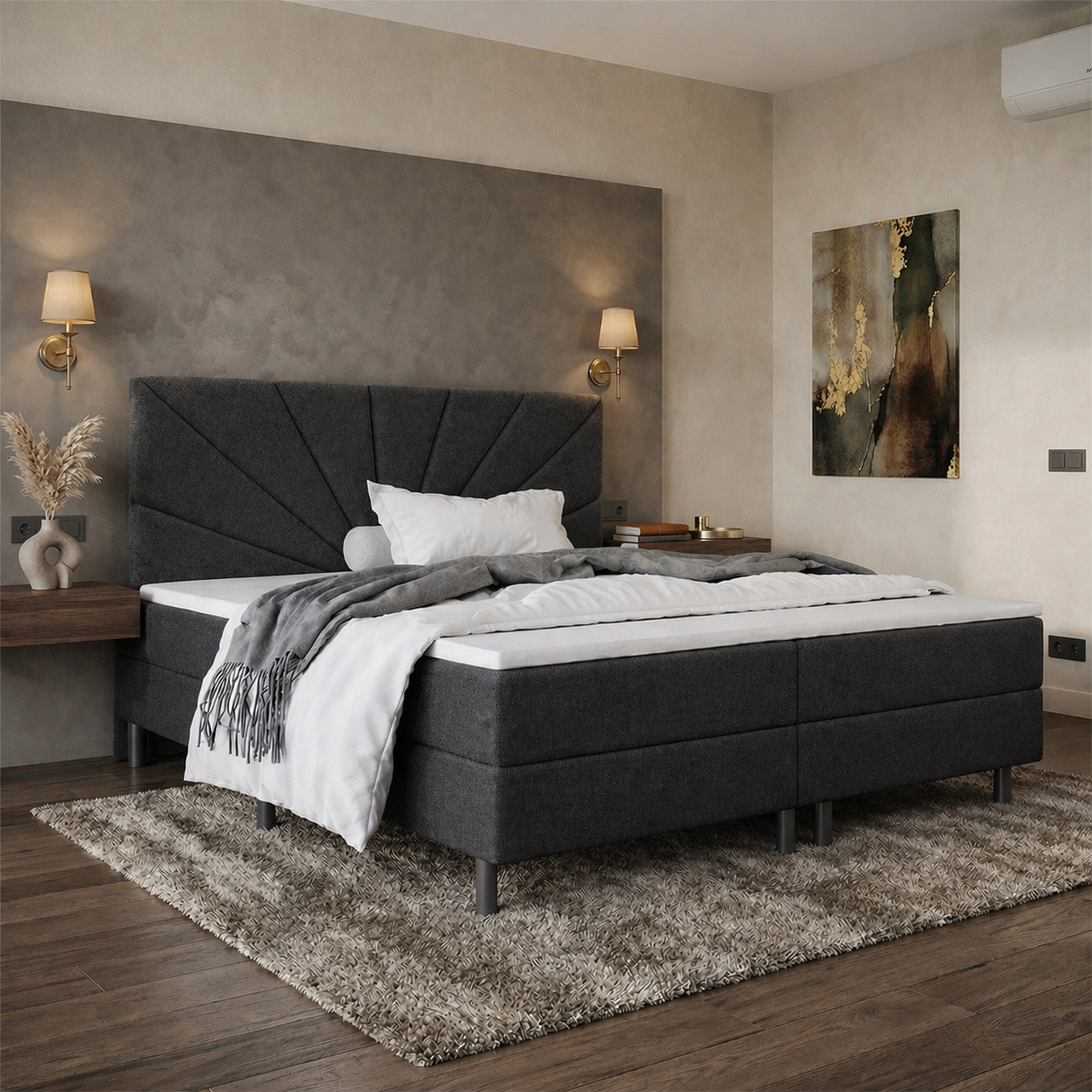 ACTIEDEAL Vaste Boxspring | 160 x 200 - stof Antraciet | Hoofdbord Sunny + 1x Groot Matras Medium