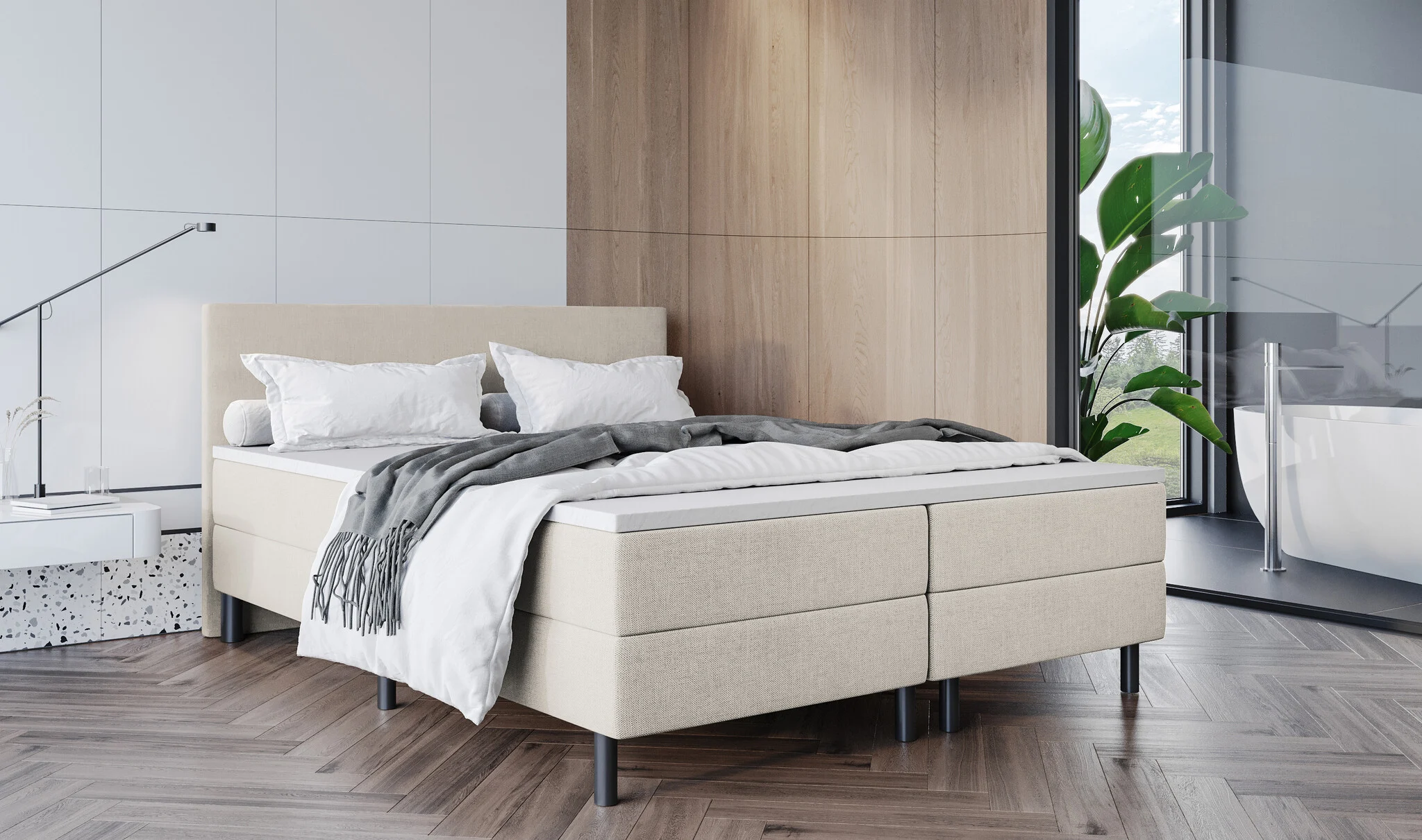 ACTIEDEAL Boxspring 120 x 210 - stof Creme | Hoofdbord Glad + 1x Groot Medium Matras