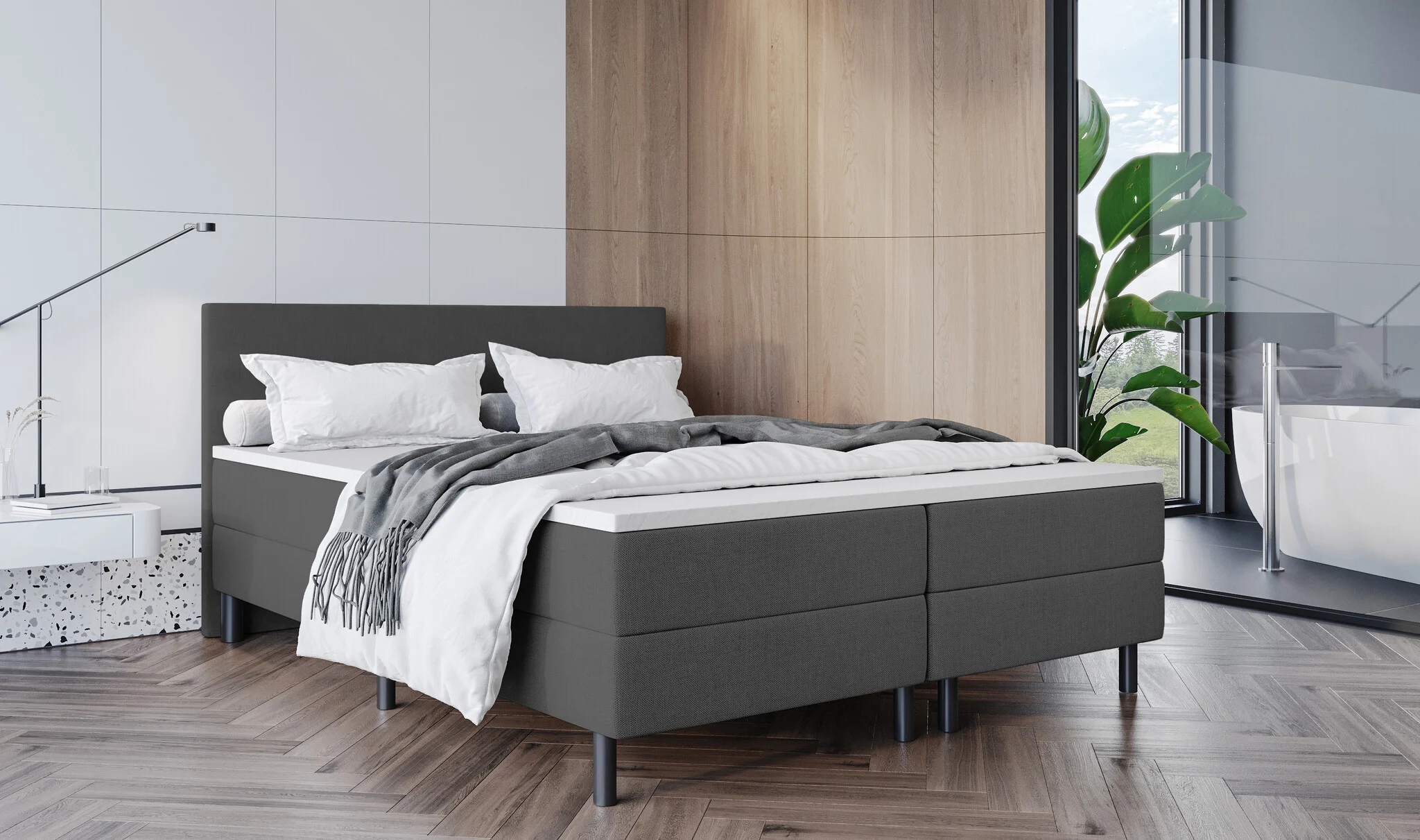 OP=OP Boxspring 120 x 210 - Antraciet | Strak hoofdbord + groot matras