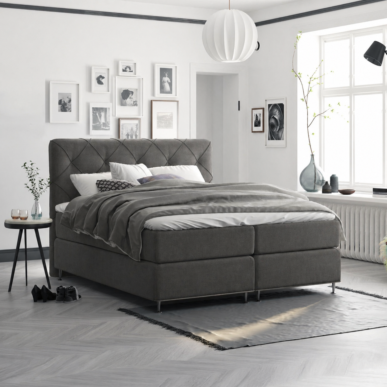 OP=OP Boxspring 180 x 200 - Velvet Antraciet | Phoenix (ruit) + Voetbord + Luxe Pocketvering Box 30 cm