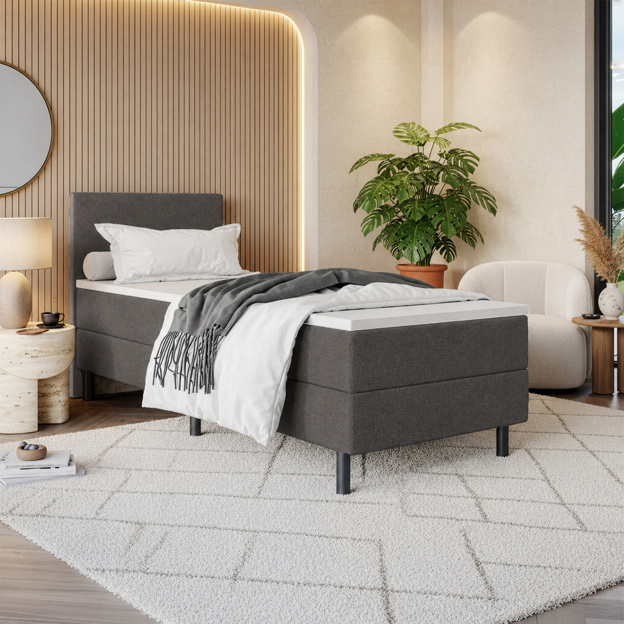 ACTIEDEAL Boxspring 90 x 220 - Stof Antraciet | Hoofdbord Glad - EXTRA lange maat